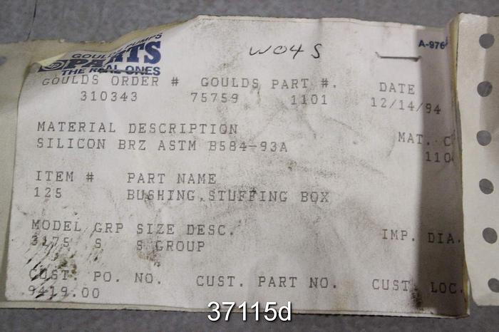 Unused Goulds 3175S Pump Stuffing Box Busing, No. 75759 #37115