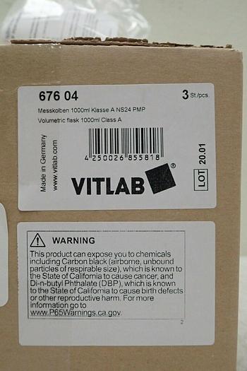 Used Vitlab 67604 Volumetric Flask, 1000ml, Class A, Box of 3