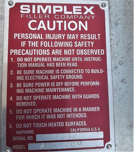 Used Filler, Piston, 2-Head, Simplex, S/st, Mdl AV200 #S744364