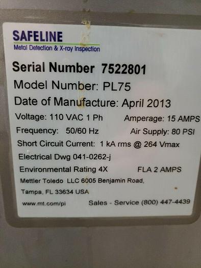 Used Stainless Safeline Metal Detector, 4" pipeline model PL75 2013