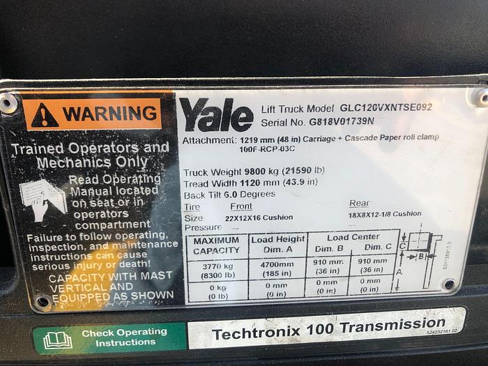 Used 12,000 POUND YALE ROLL CLAMP TRUCK MODEL GLC120VXPRS W/ 72" CLAMP MFG. 2015 LOWERED MAST 92"