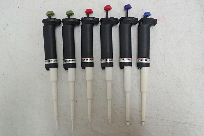 Used Lot of 6 Fisher Brand 10-50 µL, 40-200 µL, 200 µL - 1 mL Adjustable Pipettes