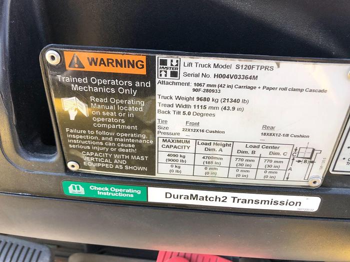 Used 12,000 POUND ROLL CLAMP FORKLIFT TRUCK W/ 60” DIAMETER CASCADE ROLL CLAMP