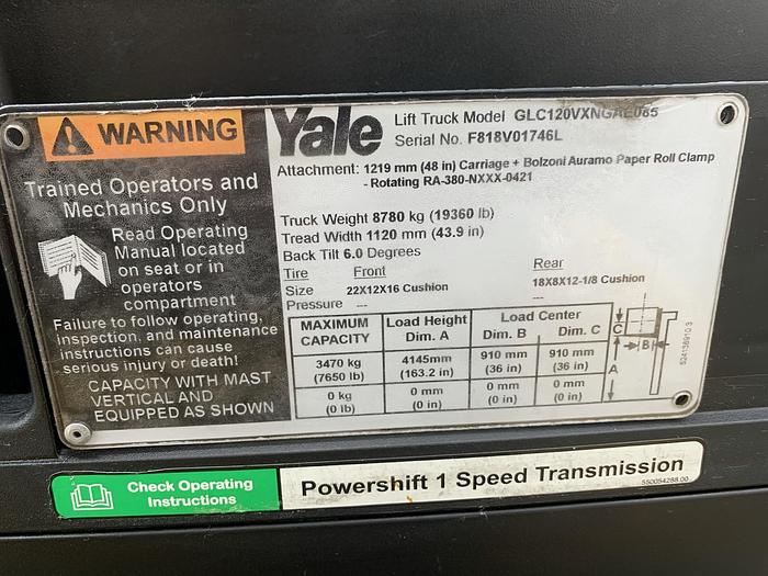 Used 12,000 POUND GLC120VXPRS YALE MODEL W/ 72" BOLZONI ROLL CLAMP MFG. 2013 1,800 HOURS