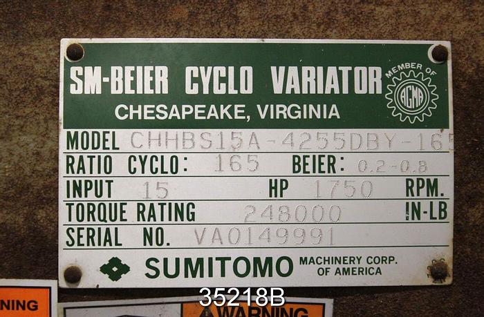 Used Sumitomo CHHBS15A-4255DBY-165 Cyclo Variator, 165/1 Ratio, 15Hp #35218