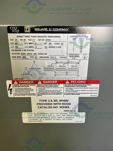 Used Square D  30T6H Sorgel Three Phase Insulated Transformer 30 kVA 480HV x 240LV
