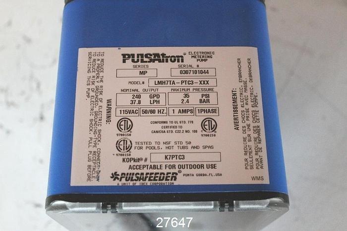 Used Pulsafeeder PULSATRON LMH7TA Pulsatron Metering Pump, 240 Gpd, 35 Psi Maximum Pressure, 115 Vac, Series Mp, Model #Lmh7Ta-Ptc3-Xxx. #27647