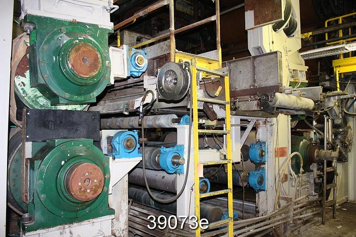 Used LG Industries Plain Press, 1200 PLI Balanced at 2500 FPM, Blind Drilled Press Rolls, 118" Face, 32" Diameter #39073