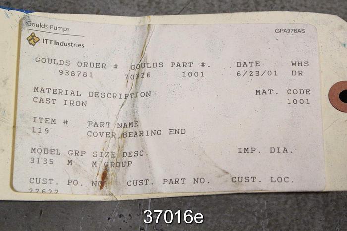 Unused Goulds 3135M Bearing End Cover, No. 70326, Cast. 52227 #37016