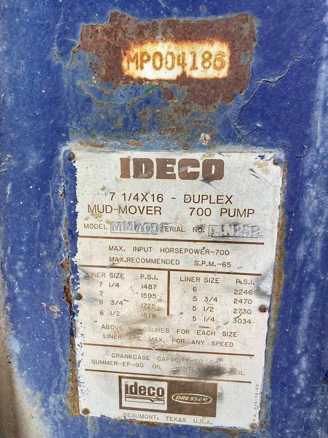 Used IDECO MM700F Duplex 7-1/4' X 16" Mud Mover Pump