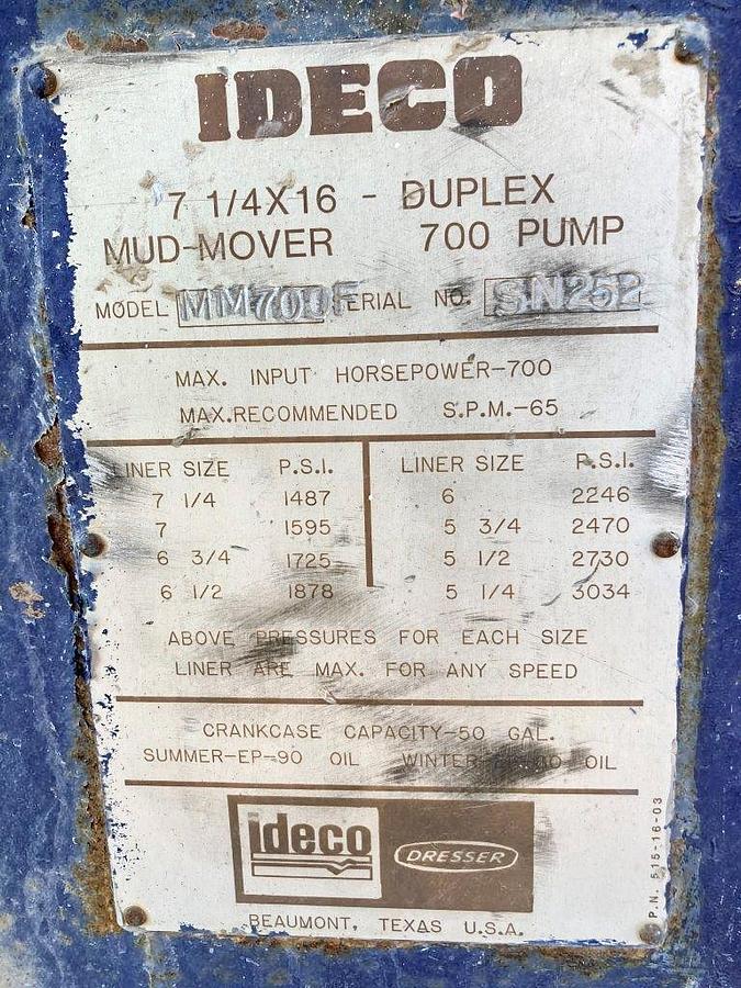 Used IDECO MM700F Duplex 7-1/4' X 16" Mud Mover Pump
