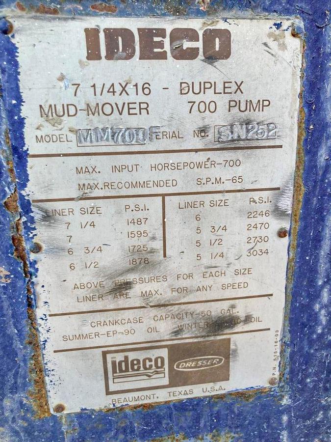 Used IDECO MM700F Duplex 7-1/4' X 16" Mud Mover Pump