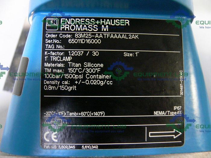 Used Endress Hauser Promass M 83 83M25-AATFAAAAL2AK 1" Triclamp Flowmeter