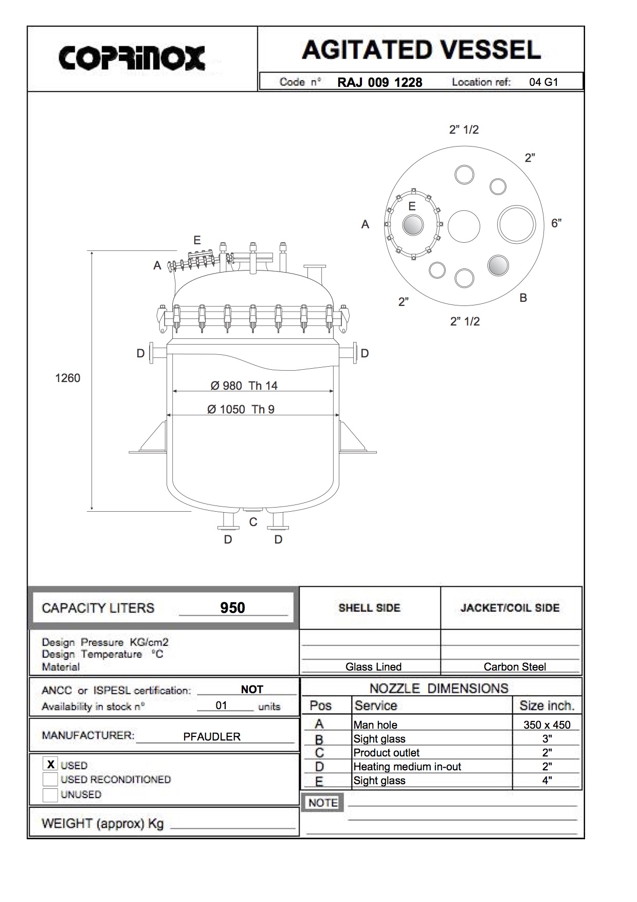 Used Reattore smaltato PFAUDLER da 950 Litri