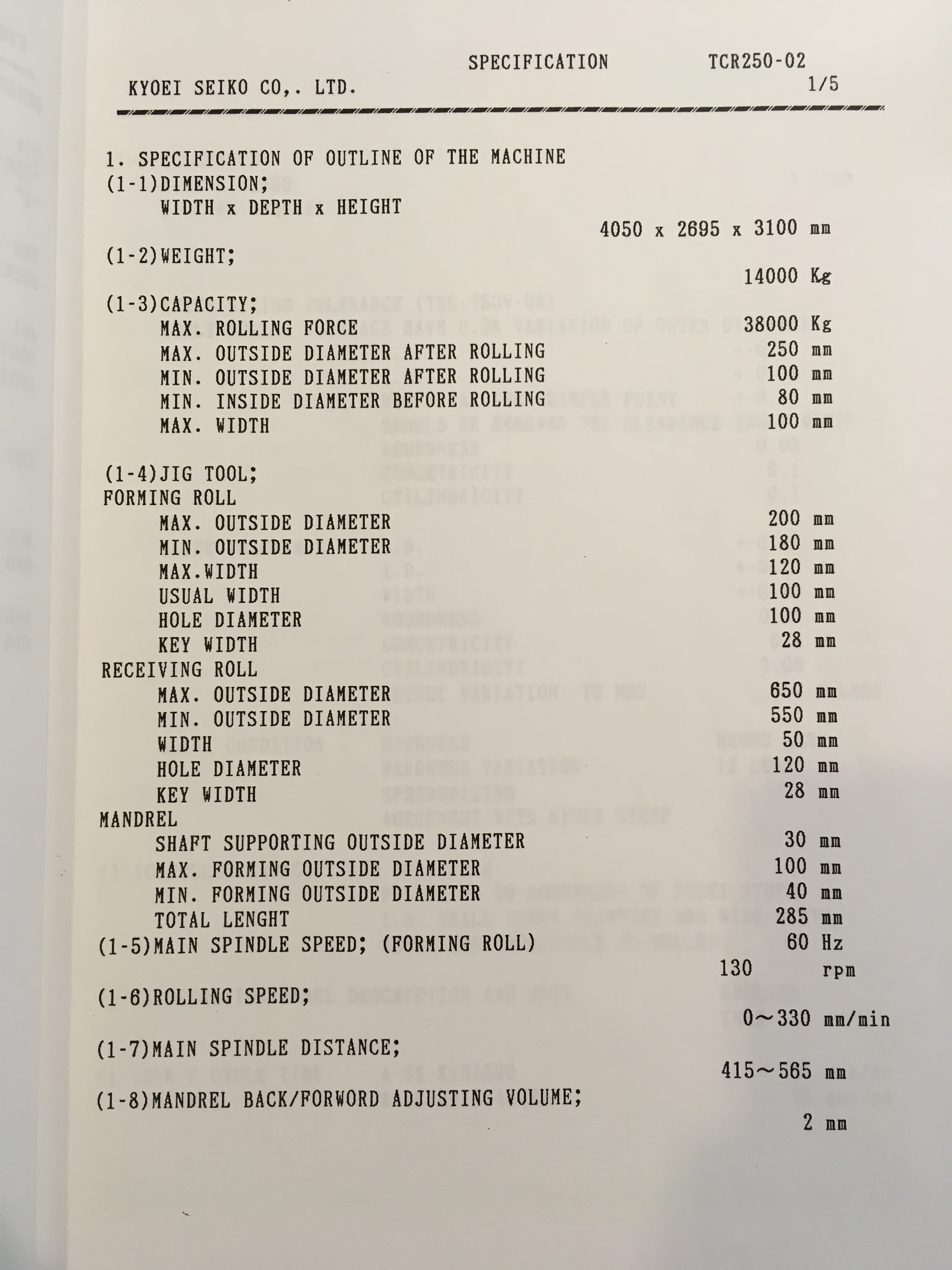 Used Kyoei Seiko Model TCR-250V Cold Ring Roller; 1994