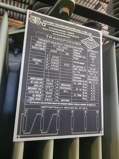 Used SONMEZ 1360 KVA FURNACE TRANSFORMER WITH SWITCH