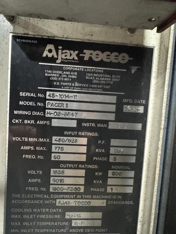 Used AJAX TOCCO PACER II INDUCTION POWER SUPPLY