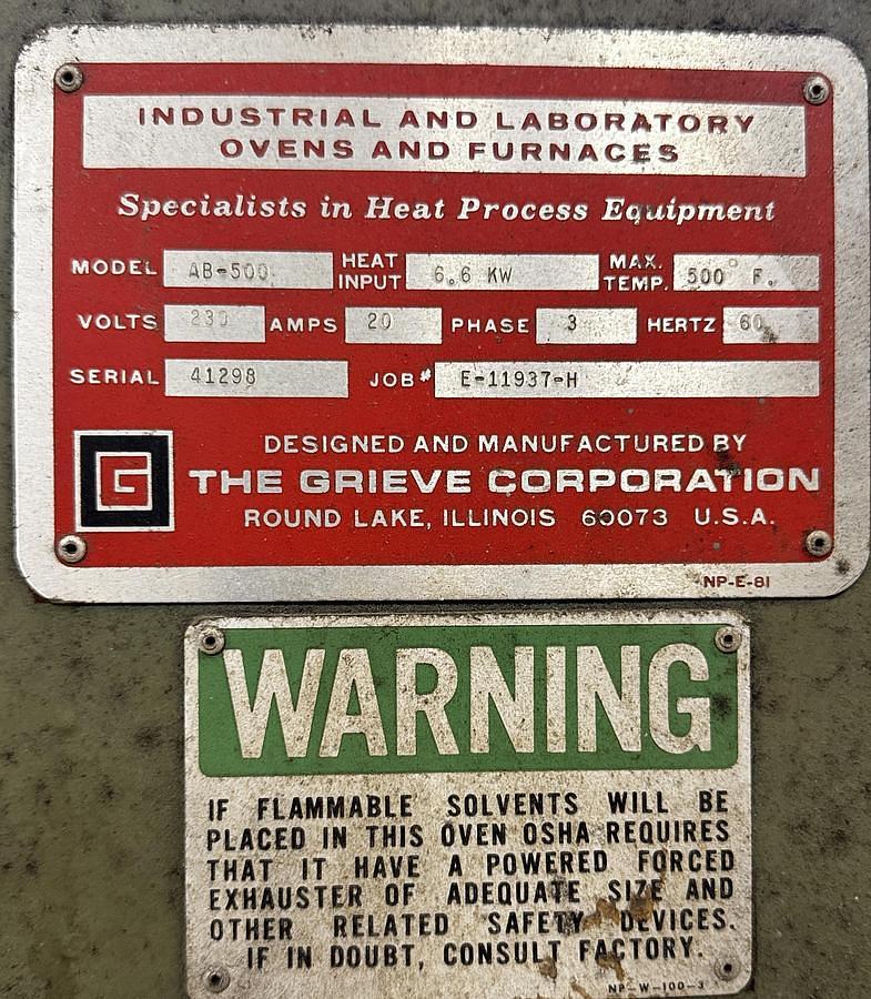 Used GRIEVE AB-500 ELECTRIC HEAT TREAT FURNACE