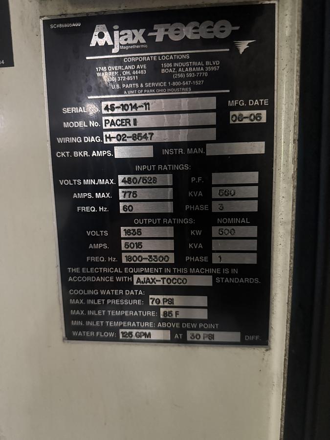 Used 2006 AJAX TOCCO PACER II FORGING BILLET HEATING SYSTEM
