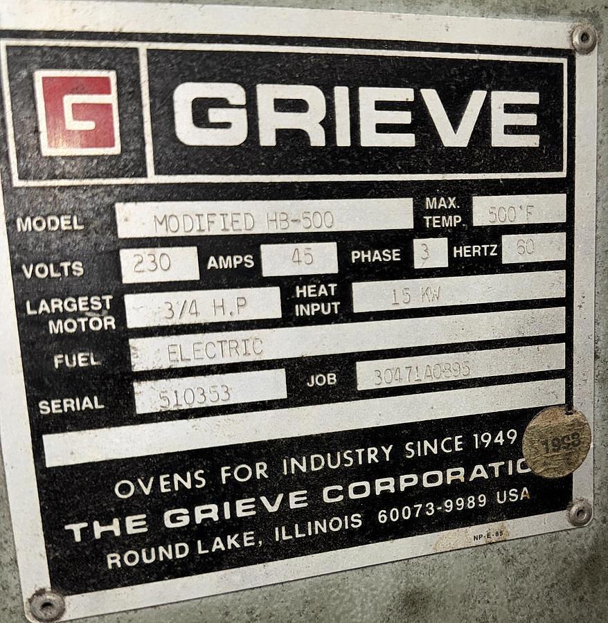 Used GRIEVE HB-500 ELECTRIC HEAT TREAT FURNACE