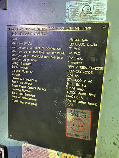 Used SCHAEFER NATURAL GAS-FIRED CRUCIBLE MELTING FURNACE