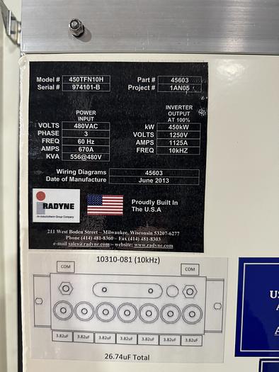 Used 2013 RADYNE 450TFN10H INDUCTION HEATING PANEL