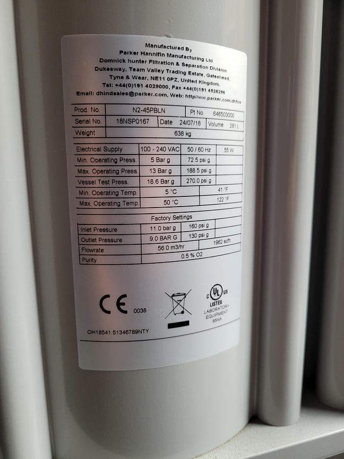 Used 2018 PARKER HANNIFIN N2-45PBLN NITROGEN GENERATOR