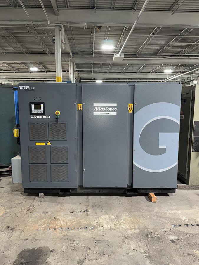 Used 2016 ATLAS COPCO GA160VSD ROTARY SCREW AIR COMPRESSOR