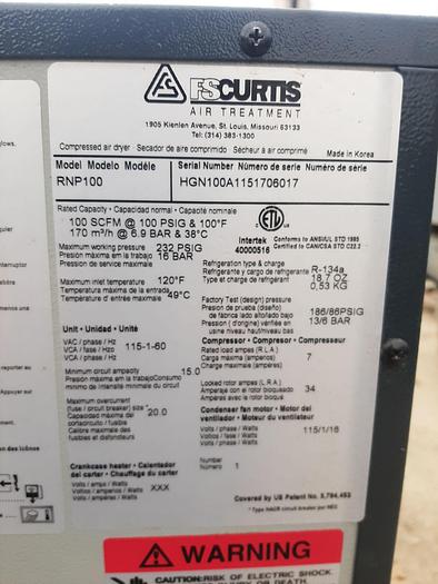 Used Compressor, Air, 15 HP, FS Curtis, 59 CFM, Mdl RSB15, Air Dryer #S744941
