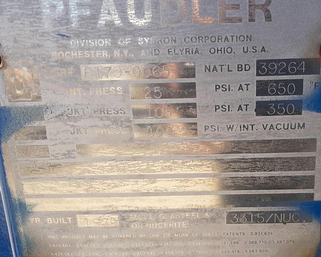 Used Reactor, 50 Gallon, G/L, 25 PSI, FV, Jkt, Agit, Pfaudler #S744351