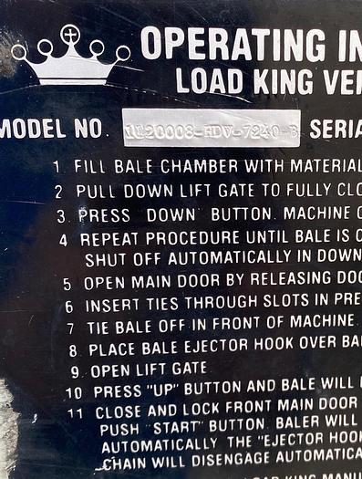 Used Load King Vertical Baler, Model: 1120008-HDV-7240-B