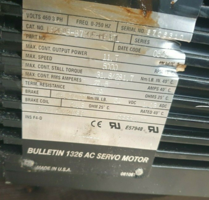 Used Allen bradley BULLETIN 1326 1326AB-B720F-M2K7L B AC SERVO MOTOR (RBD8.5LPALLET)