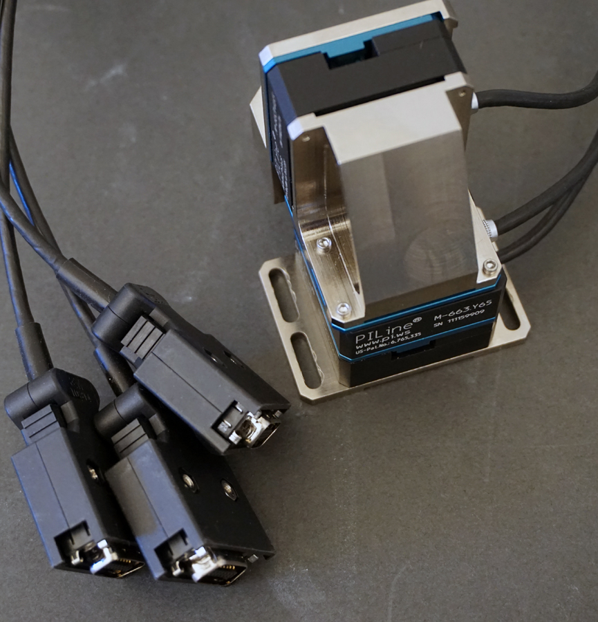 Used PI M-663.465 3 axis micropositioning piezo stage with C-867, C-867.260 controllers