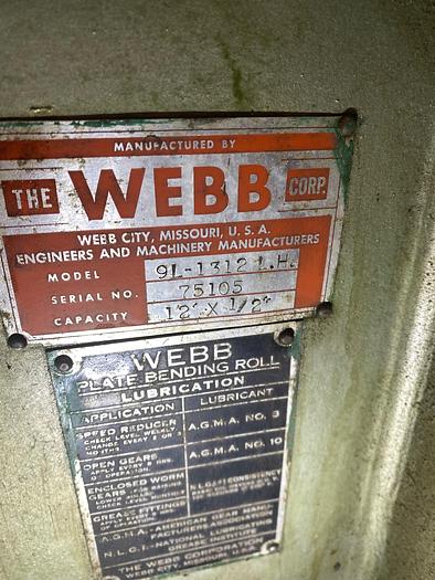 Used Webb Initial Pinch Power Roll 1/2" x 12' Model: 9L-1312 L.H.