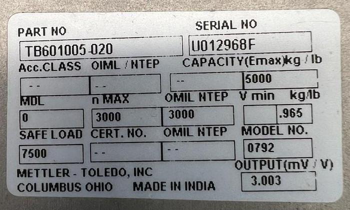 Mettler Toledo B601005-20 Load Cell, DE 0792, 5K, 20 FT