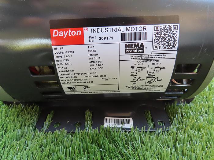 Used DAYTON Industrial Motor 30PT71 3/4HP Motor, Model: 30PT71 (New no Box)
