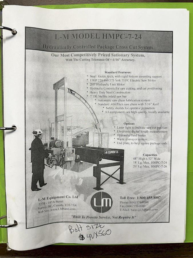 Used 15 HP L&M EQUIPMENT MODEL #HMPC-7-24 CROSS CUT BUNDLE TRAVELING ARCH WOOD BUNDLE SAW WITH CONVEYOR