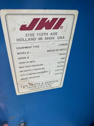 Used 1995 JWI  800G32-29-15DYLS Filter Press