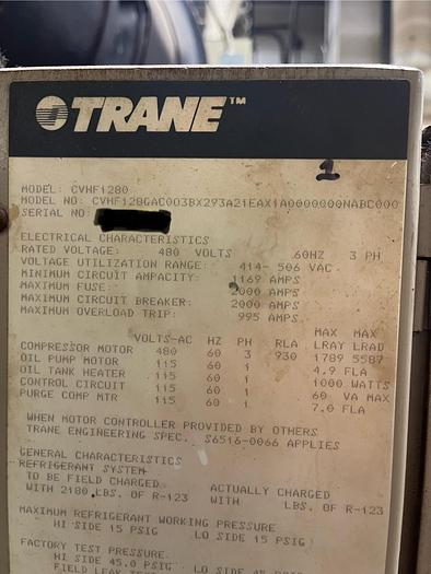 Used 1100 Ton Trane Model: CHVH128GAC003BX293A21EAX1A0000000NABC000 Chiller
