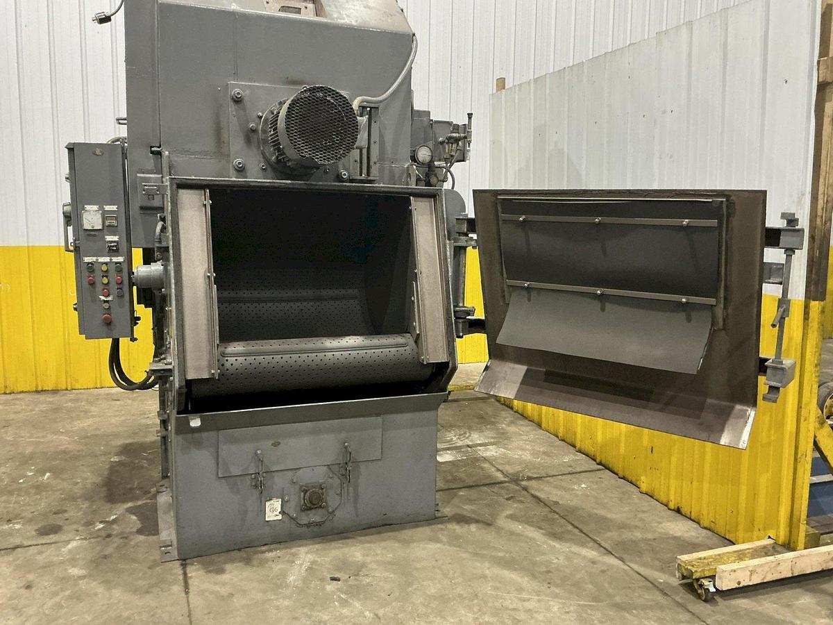 Used 5 CU FT X 15 HP WHEELABRATOR TUMBLAST RUBBER BELT SHOT BLAST CABINET