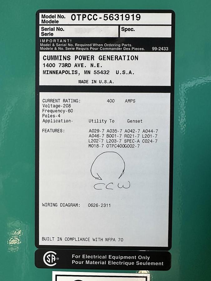 Used  Cummins Power Generation Automatic Transfer Switch (ATS), Model: OTPCC-5631919