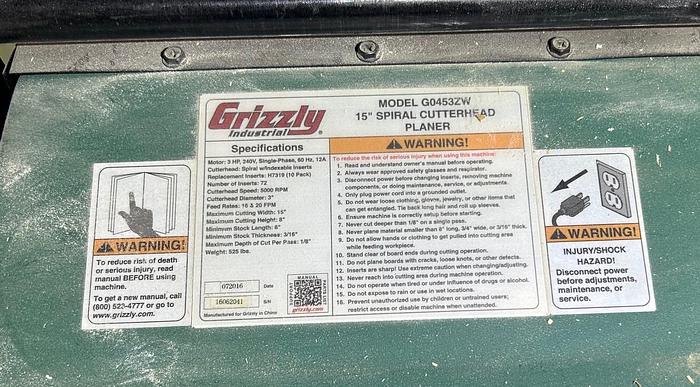 Used Grizzly 15" Spiral Cutterhead Planer, Model: G4053ZW