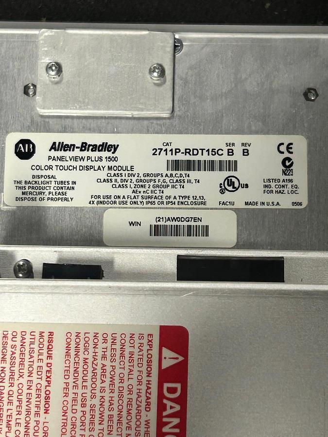 Used Allen Bradley Panelview Plus 1500, Cat 2711P-RDT15C Ser. B, Rev. B