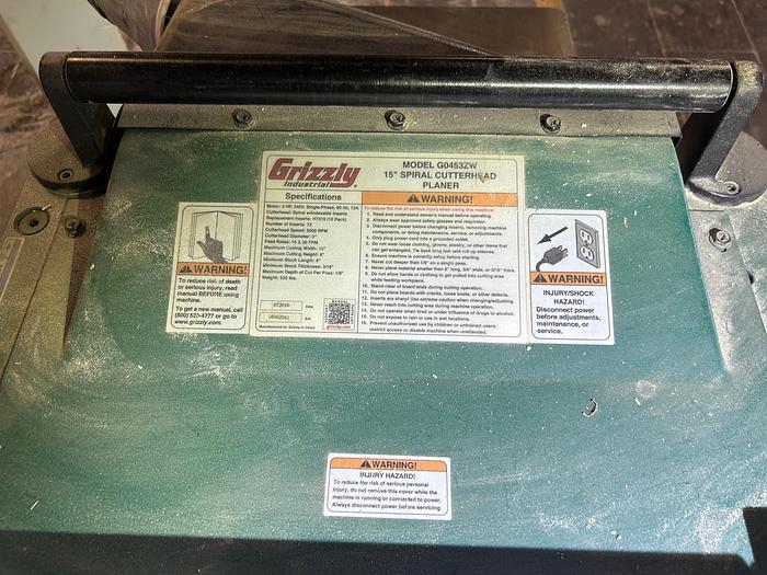 Used Grizzly 15" Spiral Cutterhead Planer, Model: G4053ZW