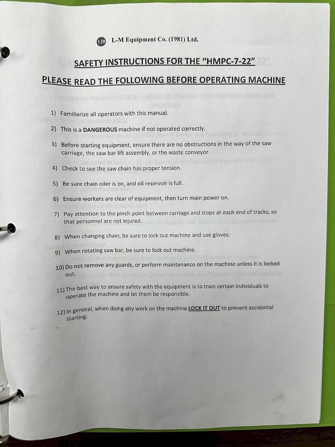 Used 15 HP L&M EQUIPMENT MODEL #HMPC-7-24 CROSS CUT BUNDLE TRAVELING ARCH WOOD BUNDLE SAW WITH CONVEYOR