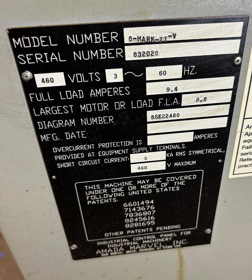 Used 2020 Marvel (Amada) Series 8 Mark II-V Vertical Band Saw