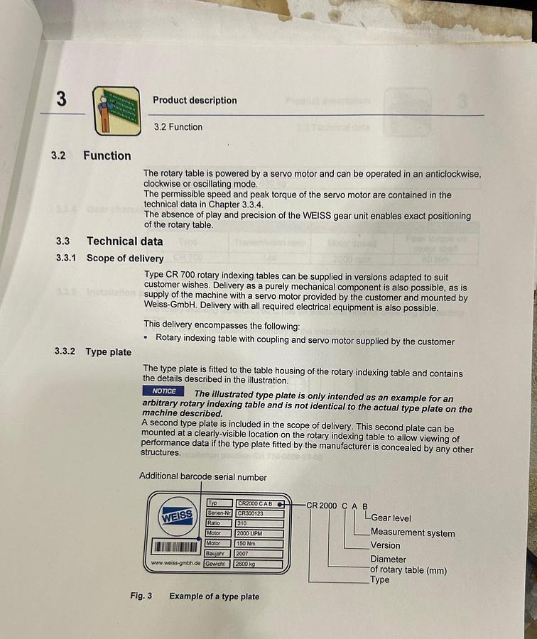 Used Weiss Rotary Indexing Table: Model: CR700CAA
