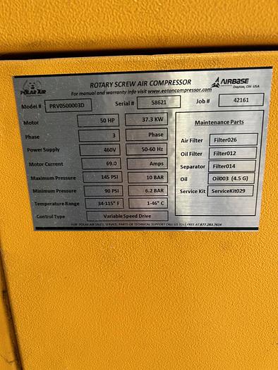 Used 50 HP Eaton Rotary Screw Air Compressor, Model: PRV0500003D