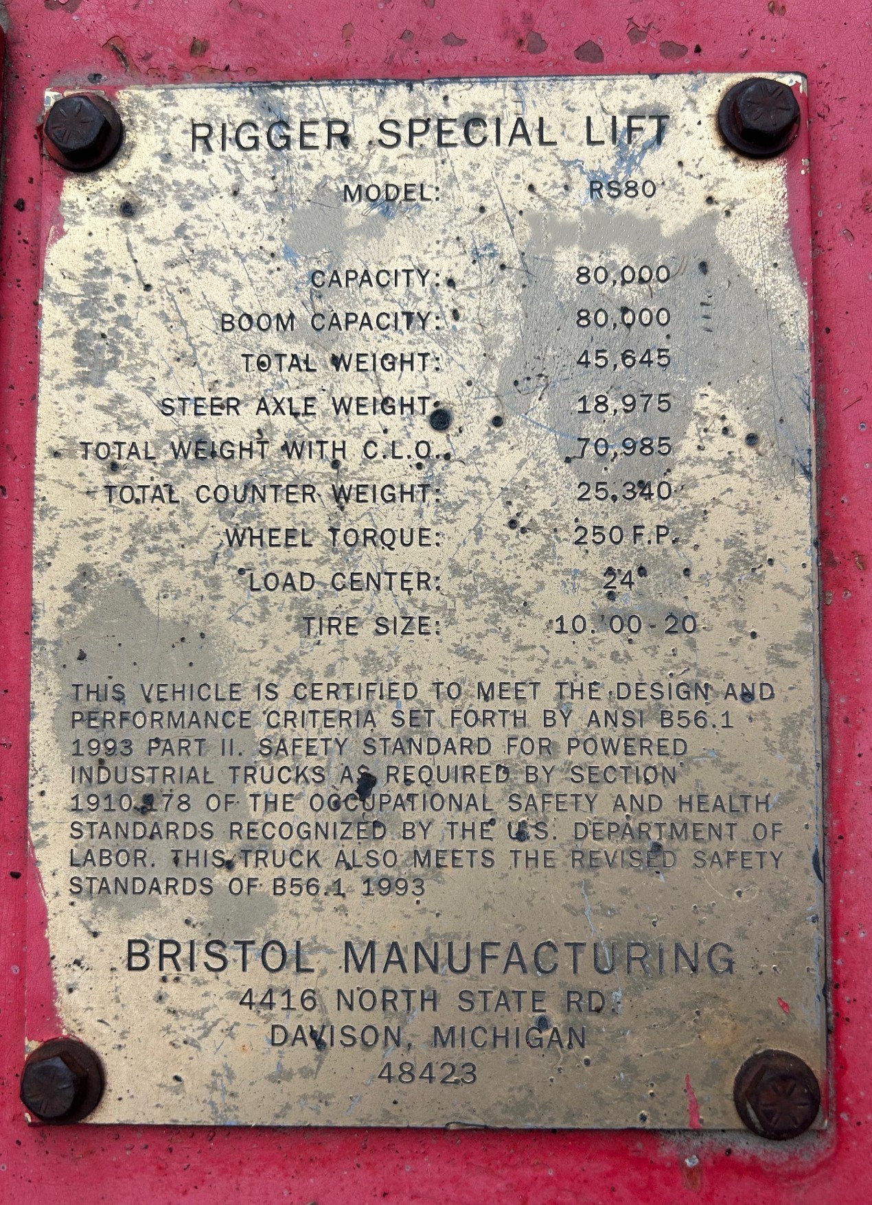 Used 80,000 LB. BRISTOL RIGGER SPECIAL FORK TRUCK