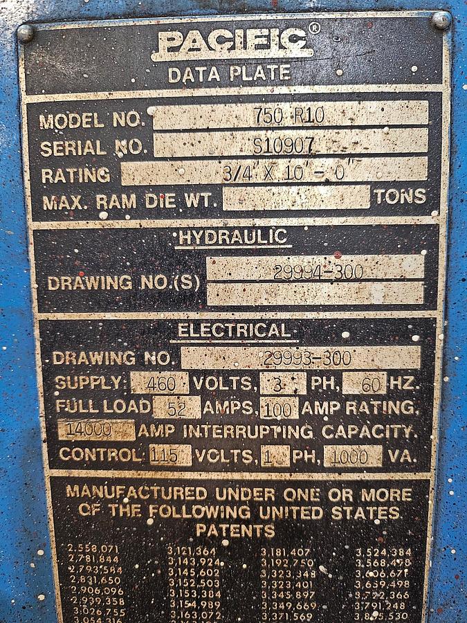 Used 3/4" x 10' Pacific #750-R10, hydraulic squaring shear